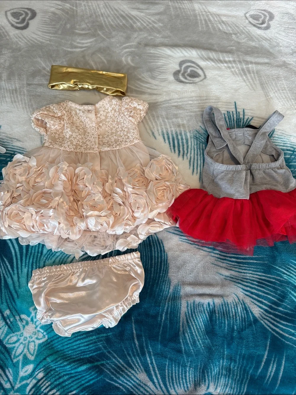 Disney Peach Floral Rosette Dress Set with Gold Headband and Minnie Tutu Top